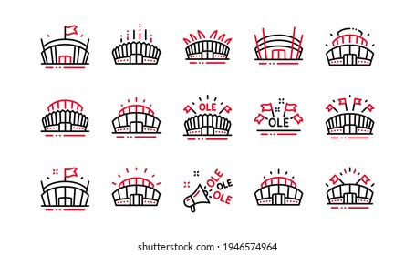 Sports stadium line icons. Ole chant, arena football, championship architecture. Arena stadium, sports competition, event flag icons. Sport complex linear set. Linear set. Quality line set. Vector