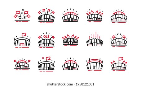 Sports stadium line icons. Ole chant, arena football, championship architecture. Arena stadium, sports competition, event flag icons. Sport complex linear set. Linear set. Quality line set. Vector