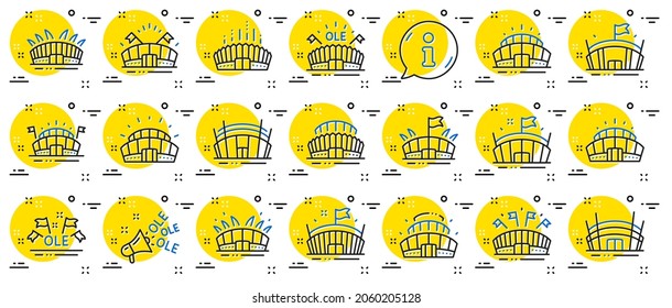 Sports stadium line icons. Ole chant, arena football, championship architecture. Arena stadium, sports competition, event flag icons. Sport complex, megaphone or loudspeaker. Vector