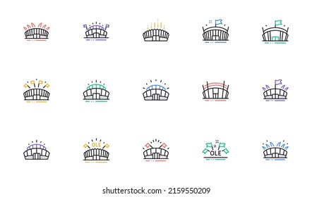 Sports stadium line icons. Ole chant, arena football, championship architecture. Arena stadium, sports competition, event flag icons. Sport complex linear set. Bicolor outline web elements. Vector - Shutterstock ID 2159550209