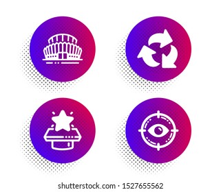 Sports stadium, Recycle and Winner podium icons simple set. Halftone dots button. Eye target sign. Championship arena, Recycling waste, First place. Optometry. Business set. Vector