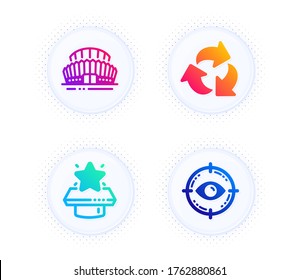 Sports stadium, Recycle and Winner podium icons simple set. Button with halftone dots. Eye target sign. Championship arena, Recycling waste, First place. Optometry. Business set. Vector
