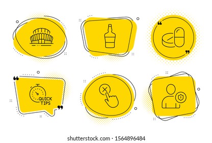 Sports Stadium, Scotch Bottle And Security Signs. Chat Bubbles. Reject Click, Medical Drugs And Quick Tips Line Icons Set. Delete Button, Medicine Pills, Helpful Tricks. Championship Arena. Vector