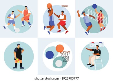 Sports stadium set of flat compositions with doodle style characters of athletes referees basket and balls vector illustration