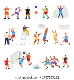 Sports stadium set with flat human characters of playing athletes with workout and places for referee vector illustration