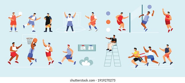 Sports stadium set with flat icons and isolated doodle style characters of playing athletes in uniform vector illustration