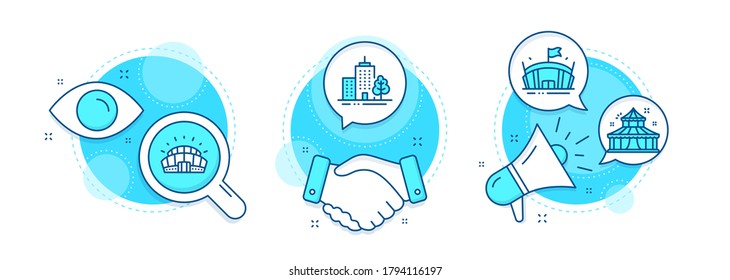 Sports stadium, Skyscraper buildings and Circus line icons set. Handshake deal, research and promotion complex icons. Arena sign. Championship arena, Town architecture, Attraction park. Vector