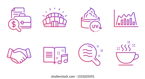 Sports stadium, Uv protection and Skin condition line icons set. Accounting report, Music book and Infographic graph signs. Employees handshake, Coffee cup symbols. Vector