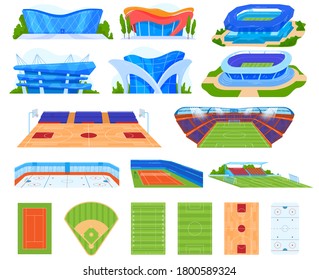 Sports stadium vector illustration set. Cartoon flat indoor or outdoor arena field for sportsman people playing basketball, football, hockey games, modern design of stadium buildings isolated on white