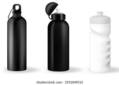 Sports stainless bottle white and black empty glossy metal shaker for sports nutrition icon set closeup on white background. Design template of packaging mockup for graphics.