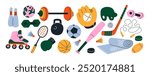 Sports stickers in cartoon style 90s. Sports equipment training and motivation gym. Set of fitness trainers shapes healthy lifestyle