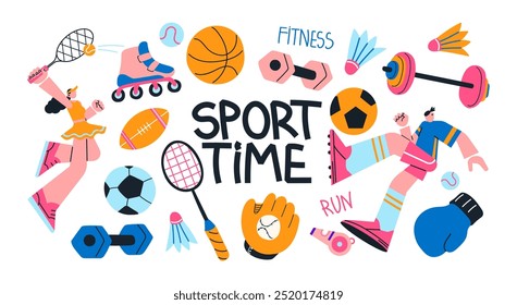 Sports stickers in cartoon style of 90s. Characters athletes. Sports equipment training and motivation of the gym. Set of fitness trainers shapes of a healthy lifestyle. Active basketball, tennis.