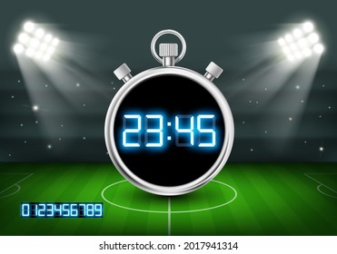 Sports stopwatch with digital dial at the football stadium. Vector template