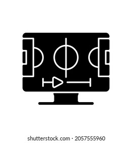 Sports streaming black glyph icon. Watching live sporting events. Football, basketball and baseball games. Televised sports matches. Silhouette symbol on white space. Vector isolated illustration