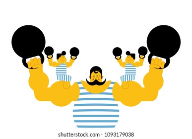 Sports strong family dynasty. Retro strongman and children. Vintage Sportsman. Circus bodybuilder. man of musls in poloat clothes. Vector illustration
