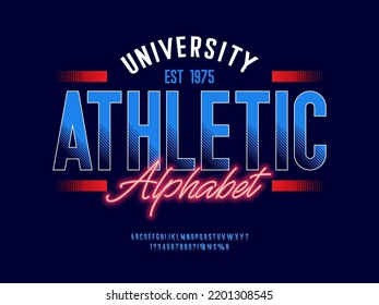 sports style alphabet design with uppercase, numbers and symbols