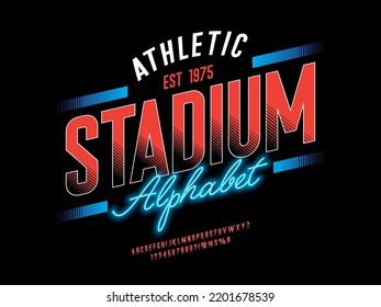 sports style alphabet design with uppercase, numbers and symbols