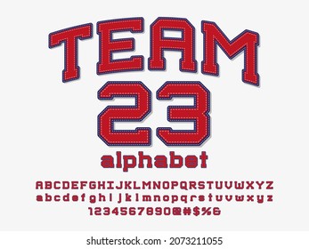 sports style embroidered stitching alphabet design with uppercase, lowercase, numbers and symbols