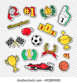 Sports Success Trophy Winner Stickers Set with Medals, Podium and Awards. Vector illustration