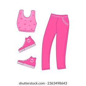 Sports suit and sneakers. Pink sneakers for jogging, sports. Barbiecor fashionable collection for doll, sport style. Comfortable Modern running shoes. Vector illustration on isolated white background.