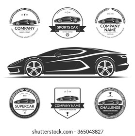 Sports or super car silhouette with the set of car service labels, emblems, logotypes. Black vector illustration isolated on white background