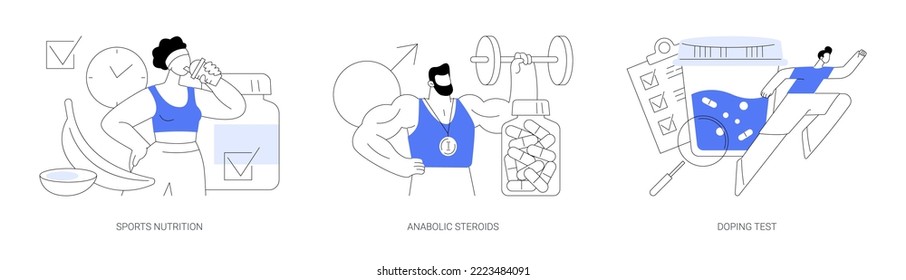 El deporte complementa el conjunto de ilustraciones vectoriales conceptuales abstractas. Nutrición deportiva, esteroides anabólicos, prueba de dopaje, masa muscular, desempeño atlético, análisis de laboratorio, metáfora abstracta de muestra de sangre.