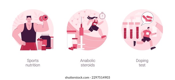 Sports supplements abstract concept vector illustration set. Sports nutrition, anabolic steroids, doping test, muscle mass, athletic performance, laboratory analysis, blood sample abstract metaphor.