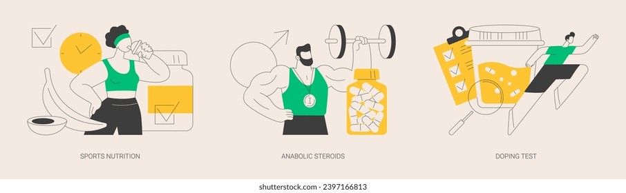 Sports supplements abstract concept vector illustration set. Sports nutrition, anabolic steroids, doping test, muscle mass, athletic performance, laboratory analysis, blood sample abstract metaphor.