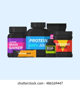 Sports supplements vector set isolated from the background. Bodybuilding or gym supplements in a flat style icons. Sport and fitness nutrition. 