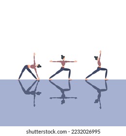 Sports support health and spiritual harmony, yoga three poses on a white and blue background with shadows.