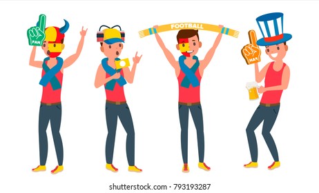 Sports Supporting Team Vector. Guys Fans Cheer For Team. Different Poses. Cartoon Character Illustration