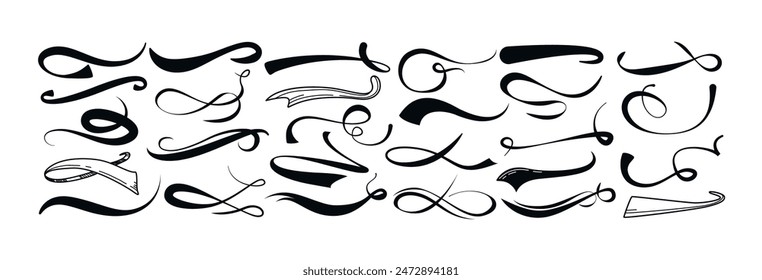 Sports swash tails, baseball swoosh in retro style. Underline wave line, black calligraphic swirl for football or athletics. Hand drawn curly swishes typographic set. Logo typography vector elements.