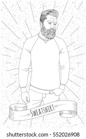 Sports Sweatshirt on a guy with a beard. Seen from the front. Vector illustration.