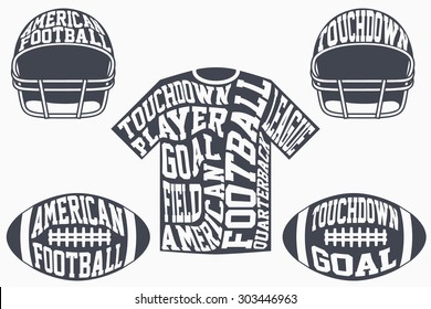 Sports symbols of American football with typography.  Vector Illustration isolated on white background.