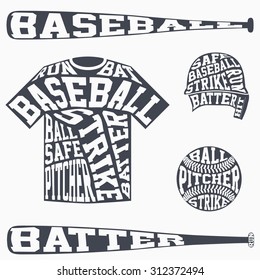 Sports symbols of baseball with typography. T-shirt  and ball equipment. Vector Illustration isolated on white background.