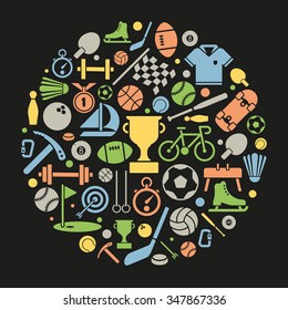 Sports Symbols Vector Illustration. Variety of sports equipment symbols arranged in circular shape on black background