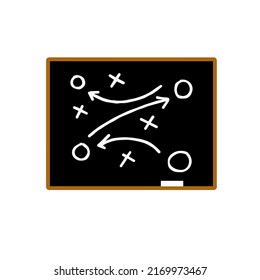 Sports tactics and strategy on blackboard. Scheme of movement of team player. Combination of crosses and circles with path arrows on chalkboard. Pitch ball instructions