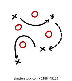 Sports tactics and strategy. Scheme of movement of team player. Combination of crosses and circles with path arrows. Pitch ball instructions.
