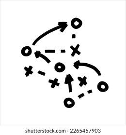 Sports tactics and strategy. Scheme of movement of team player. Combination of crosses and circles with path arrows. Pitch ball instructions.