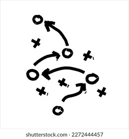 Sports tactics and strategy. Scheme of movement of team player. Combination of crosses and circles with path arrows. Pitch ball instructions.