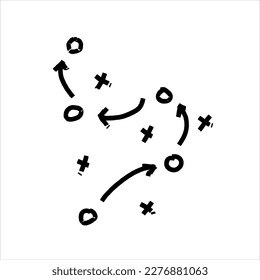 Sports tactics and strategy. Scheme of movement of team player. Combination of crosses and circles with path arrows. Pitch ball instructions.