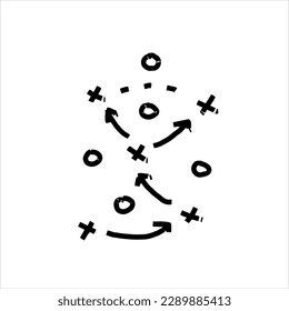 Sports tactics and strategy. Scheme of movement of team player. Combination of crosses and circles with path arrows. Pitch ball instructions.
