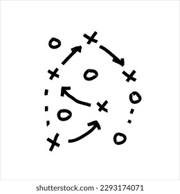 Sports tactics and strategy. Scheme of movement of team player. Combination of crosses and circles with path arrows. Pitch ball instructions.