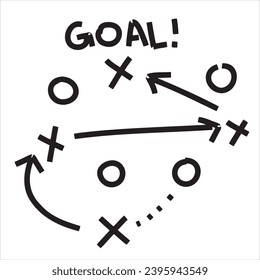Sports tactics and strategy. Scheme of movement of team player. Combination of crosses and circles with path arrows. Pitch ball instructions.