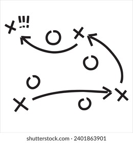 Sports tactics and strategy. Scheme of movement of team player. Combination of crosses and circles with path arrows. Pitch ball instructions.