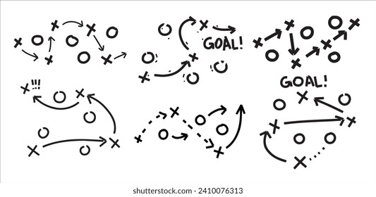 Sports tactics and strategy. Scheme of movement of team player. Combination of crosses and circles with path arrows. Pitch ball instructions.