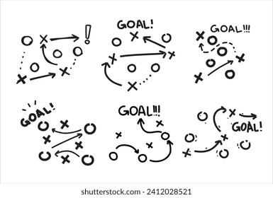 Sports tactics and strategy. Scheme of movement of team player. Combination of crosses and circles with path arrows