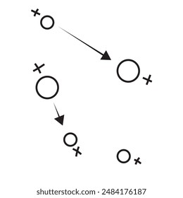 Sports tactics and strategy. Scheme of movement of team player. Combination of crosses and circles with path arrows. Pitch ball instructions.