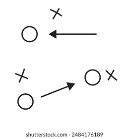 Sports tactics and strategy. Scheme of movement of team player. Combination of crosses and circles with path arrows. Pitch ball instructions.