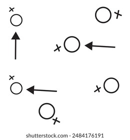 Sports tactics and strategy. Scheme of movement of team player. Combination of crosses and circles with path arrows. Pitch ball instructions.